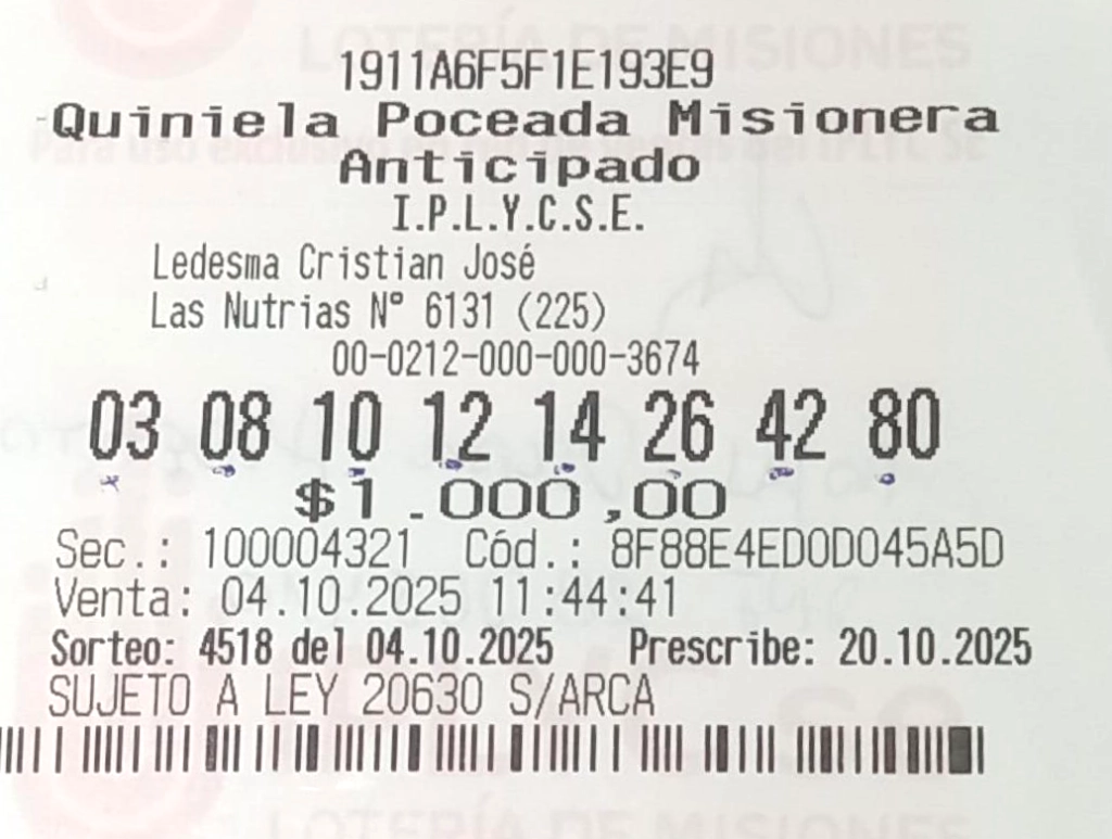 Ticket con apuesta ganadora de la Poceada. El premio será para concretar proyectos, dijo el ganador.