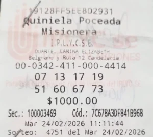 Ticket ganador de la Poceada de Candelaria.