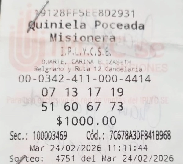 Ticket ganador de la Poceada de Candelaria.