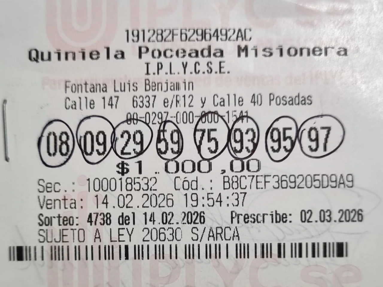 Ticket ganador de los 327.283.534 pesos de la Poceada.