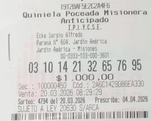 Ticket ganador de la Poceada confeccionado por la jubilada jardinense.