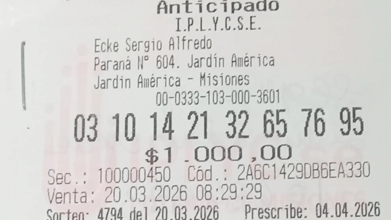 Ticket ganador de la Poceada confeccionado por la jubilada jardinense.
