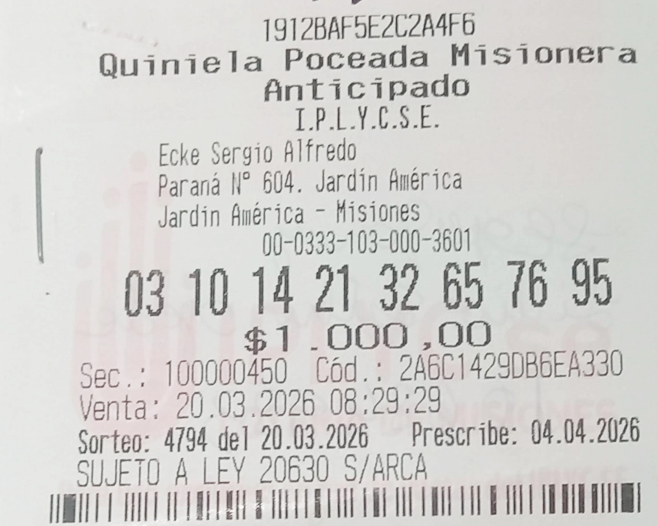 Ticket ganador de la Poceada confeccionado por la jubilada jardinense.