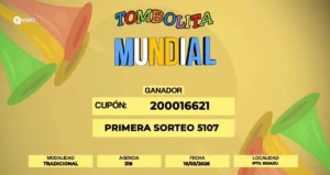 Captura de pantalla del sistema de sorteo con el ticket ganador del Kit Mundialista de la Tombolita.