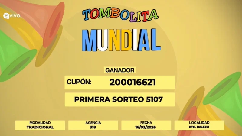 Captura de pantalla del sistema de sorteo con el ticket ganador del Kit Mundialista de la Tombolita.