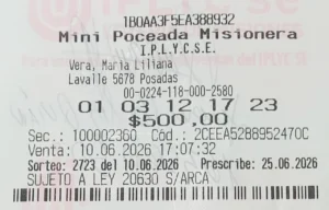 Ticket con la apuesta ganadora de la Mini Poceada, del jubilado posadeño.