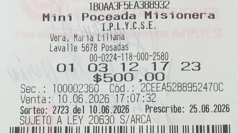 Ticket con la apuesta ganadora de la Mini Poceada, del jubilado posadeño.