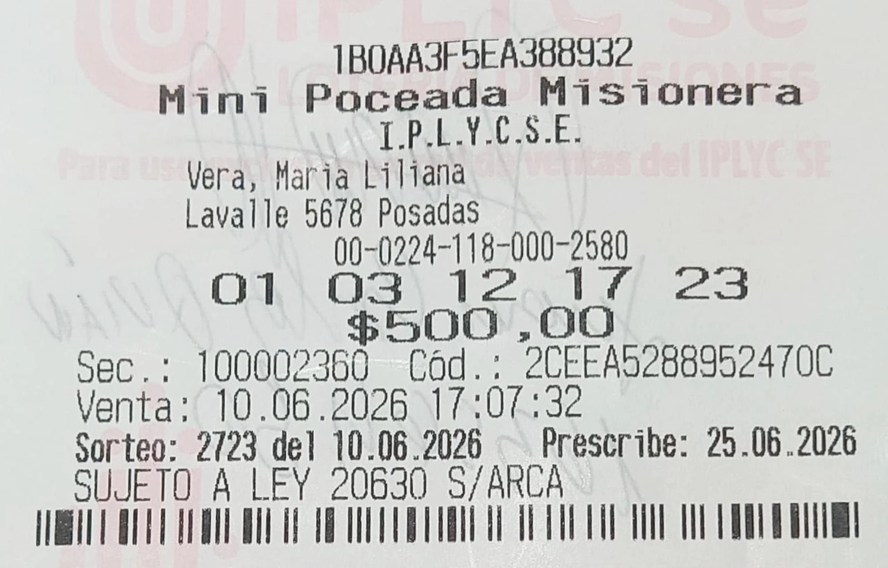 Ticket con la apuesta ganadora de la Mini Poceada, del jubilado posadeño.