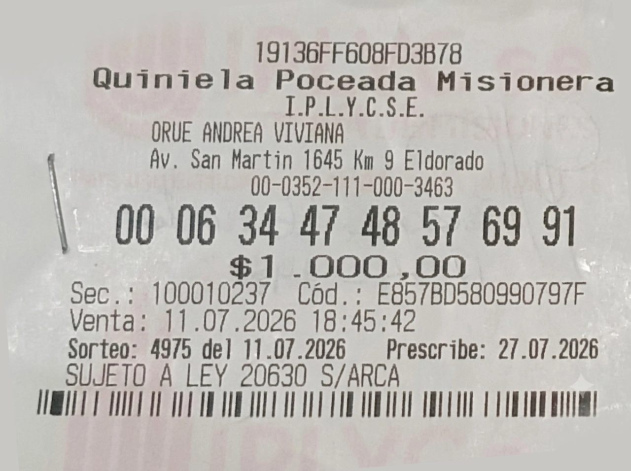 Ticket con la apuesta ganadora de la Poceada.
