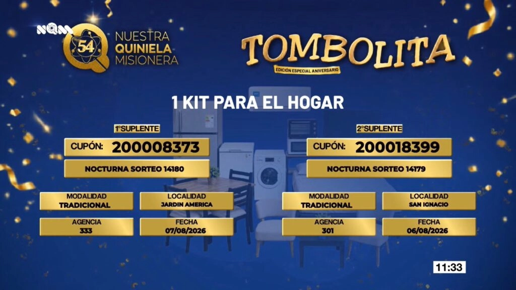 Cupones suplentes: 200008373 y 200018399. Primer sorteo de la Tombolita Aniversario.