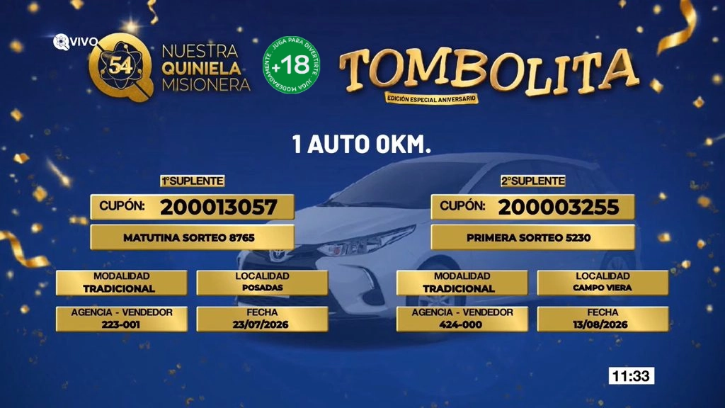 Cupones suplentes: 200013057, Quiniela Matutina, sorteo 8765 del 23 de julio y 200003255, Quiniela La Primera Matutina, sorteo 5230 del 13 de agosto.
