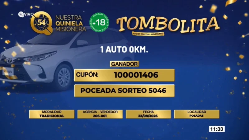 Cupón ganador del 0 kilómetro de la Tombolita Aniversario: número 100001406 de la Poceada, sorteo matutino 5046, 22 de agosto.