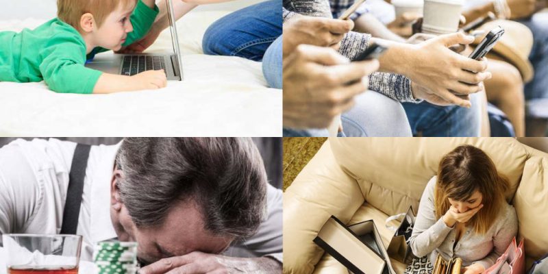 imágenes ejemplo de adicciones conductuales: pantallas, celular, juego y compras